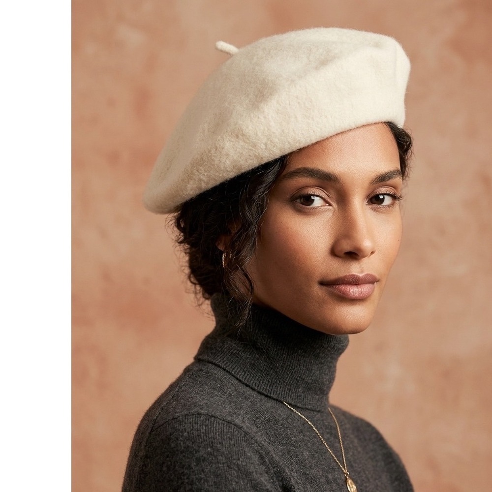 Halogen Cream Ivory Wool Blend Beret Hat French Girl Chic New